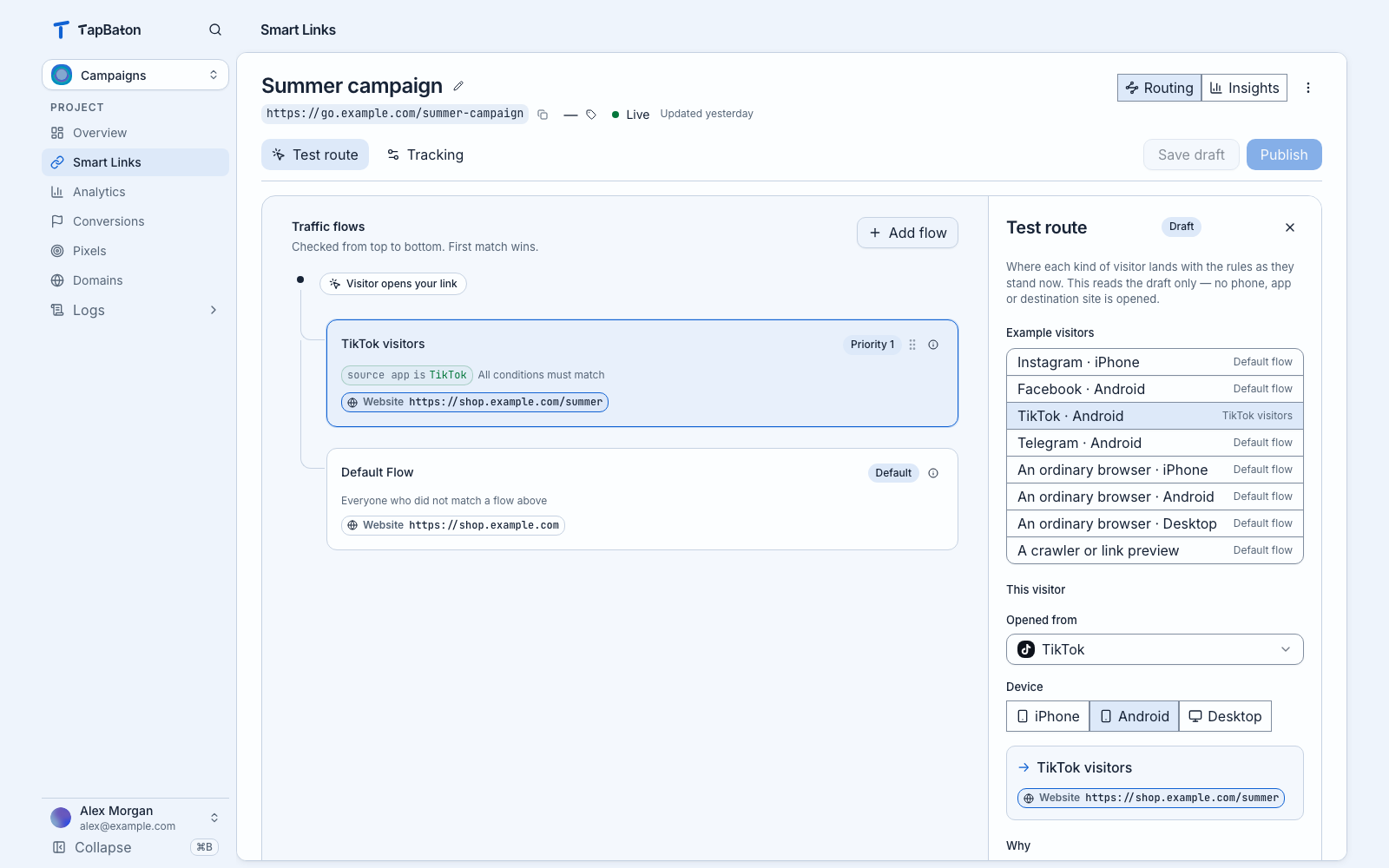 Test route panel showing how a TikTok visitor reaches the matching Flow